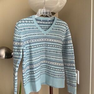 Printed Sweater In Tones Of Blue And White, Long Sleeves, V Neck